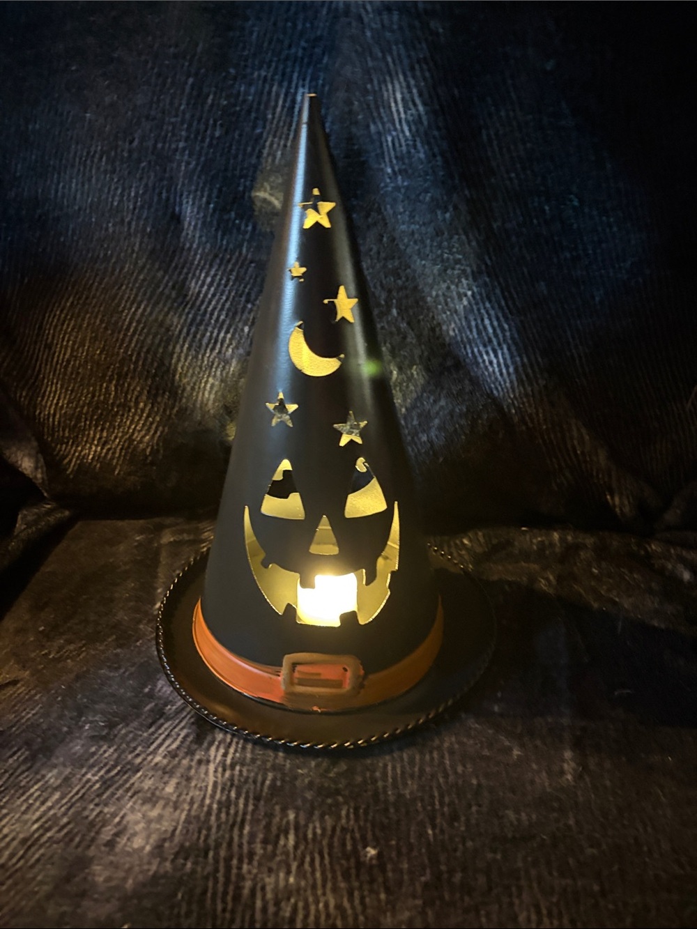 Halloween Black Metal Witch Hat Lantern with Orange Accent